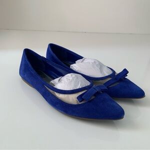 BCBG Paris NWT Zarine French pointed toe mesh faux suede bow flat blue